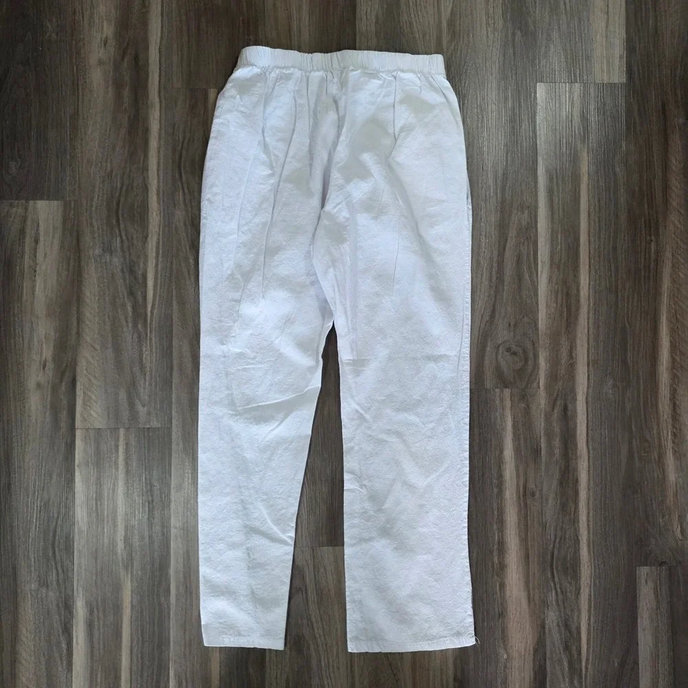 White Linen Blend Elastic Waist Straight Leg Casual Pants Mens Size Medium